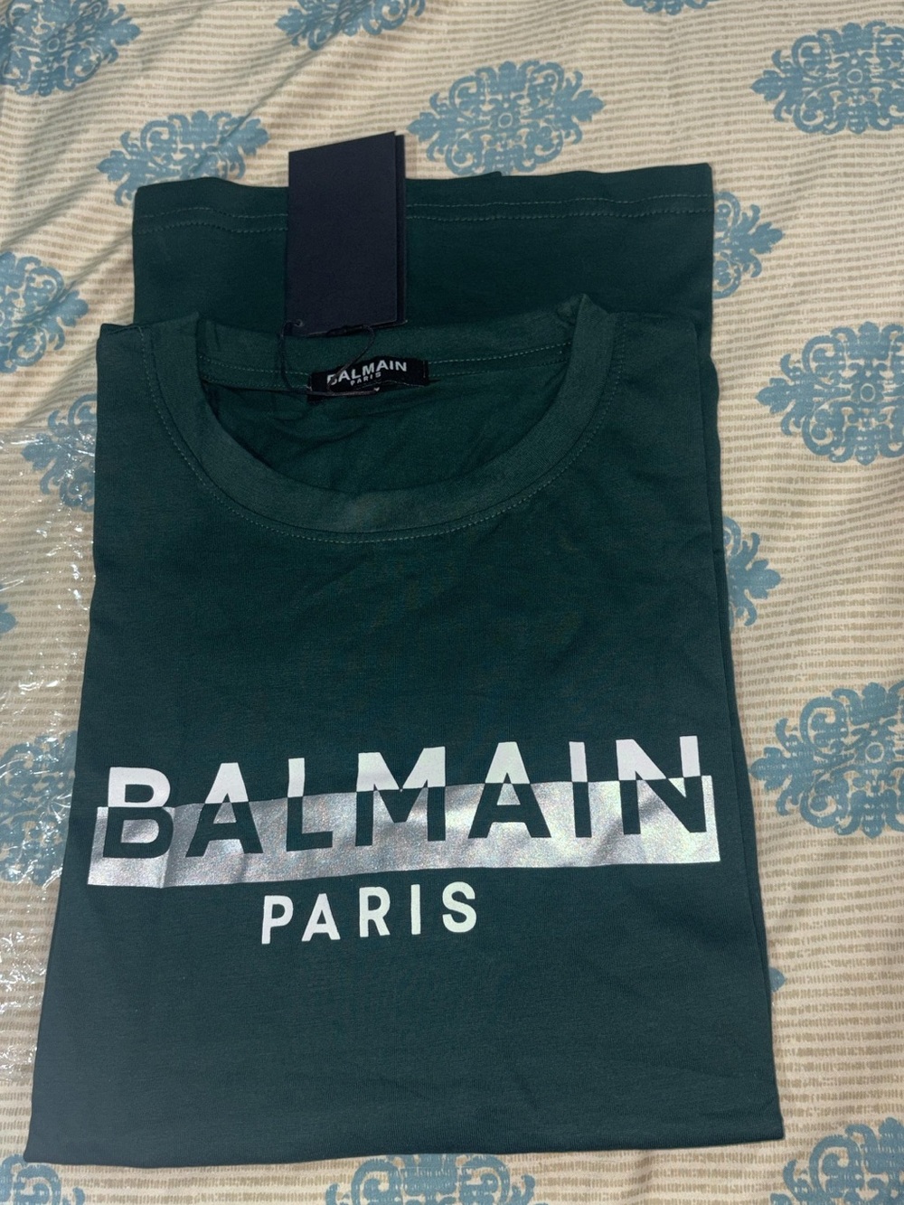 Balmain Green Short Sleeve Logo Tee with Metallic Print